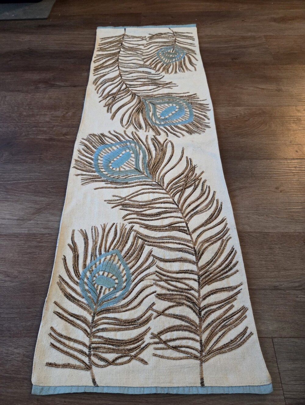 Pier 1 Imports Table Runner Beaded Peacock Feather Biege/Cream with Blue